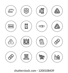 Accident icon set. collection of 16 outline accident icons with bandage, belt, disaster, extinguisher, drought, hose, error, landslide, stretcher, warning icons.