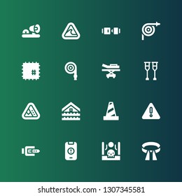accident icon set. Collection of 16 filled accident icons included Belt, Drought, Warning, Traffic cone, Flood, Landslide, Crutches, Stretcher, Hose, Patch, Seat belt, Tsunami