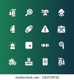 accident icon set. Collection of 16 filled accident icons included Extinguisher, Warning, Flood, Ambulance, Hose, Safety belt, Patch, Siren, Avalanche, Bandage, Firefighter, Stretcher