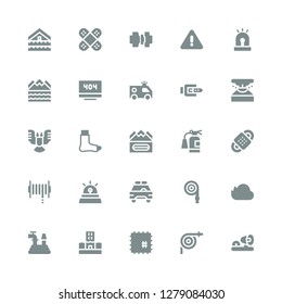 accident icon set. Collection of 25 filled accident icons included Ambulance lights, Hose, Patch, Flood, Firedrive, Safety car, Siren, Bandage, Extinguisher, Earthquake, Broken leg