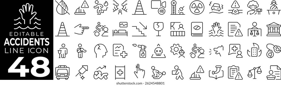 Accident icon set with editable stroke. Emergency and accident thin line icon collection. Vector illustration
