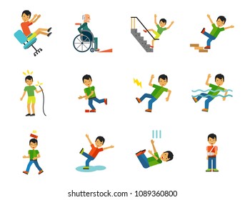 Accident Icon Set. Falling From Chair Falling Down Stairs Boy Slipping Stumbling Falling Boy With Broken Arm Man With Broken Leg Drowning Man Brick Falling On Man Electrical Shock Man In Wheelchair