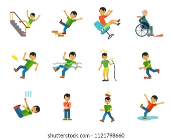 Accident Icon Set. Falling From Chair Falling Down Stairs Boy Slipping Stumbling Falling Boy With Broken Arm Man With Broken Leg Drowning Man Brick Falling On Man Electrical Shock Man In Wheelchair