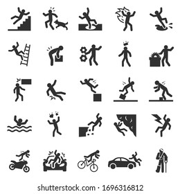 Accident, Icon Set. Falls, Blows, Car Accidents, Work Injury, Etc. Monochrome Icons. People Pictogram. Simple Symbols Collection