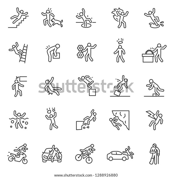 Accident, icon set. Falls, blows, car accidents,\
work injury, etc. People pictogram. linear icons. Line with\
editable stroke