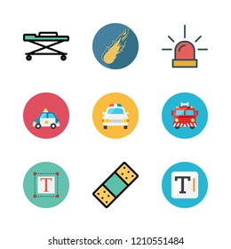 accident icon set. vector set about police car, stretcher, meteor and fire truck icons set.