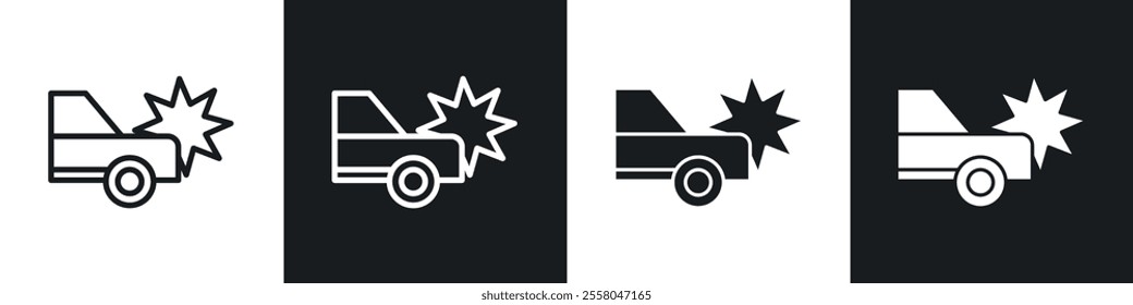 Accident icons pack in black and white filled and outlined versions.