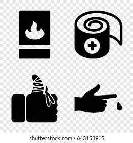 Accident icons set. set of 4 accident filled icons such as injured finger, bandage