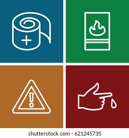 Accident icons set. set of 4 accident outline icons such as warning, injured finger, bandage