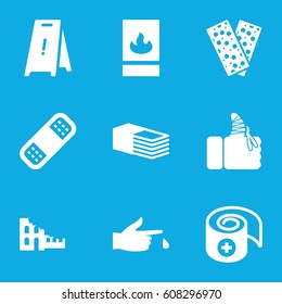 Accident icons set. set of 9 accident filled icons such as wet floor, bandage, injured finger, fire protection
