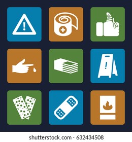 Accident icons set. set of 9 accident filled icons such as wet floor, bandage, warning, injured finger