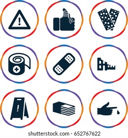 Accident icons set. set of 9 accident filled icons such as wet floor, bandage, warning, injured finger