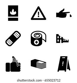 Accident icons set. set of 9 accident filled icons such as wet floor, bandage, warning, injured finger, fire protection