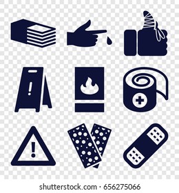 Accident icons set. set of 9 accident filled icons such as wet floor, bandage, warning, injured finger