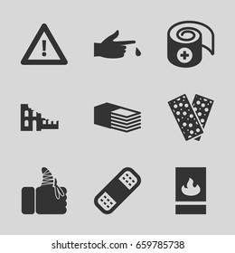 Accident icons set. set of 9 accident filled icons such as bandage, warning, injured finger, fire protection
