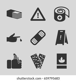 Accident icons set. set of 9 accident filled icons such as wet floor, bandage, warning, injured finger