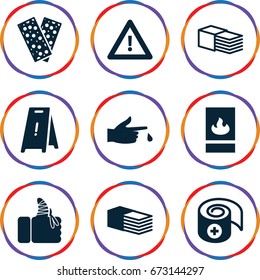 Accident icons set. set of 9 accident filled and outline icons such as wet floor, bandage, warning, injured finger