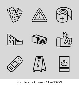 Accident icons set. set of 9 accident outline icons such as wet floor, bandage, warning, injured finger, fire protection