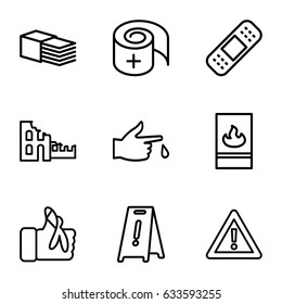 Accident icons set. set of 9 accident outline icons such as wet floor, bandage, warning, injured finger, fire protection