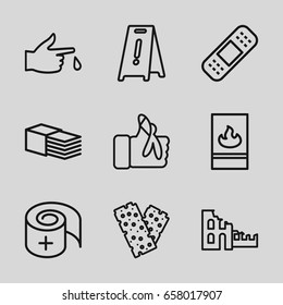 Accident icons set. set of 9 accident outline icons such as wet floor, bandage, injured finger, fire protection