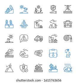 accident icons set. Collection of accident with tsunami, landslide, flood, insurance, eruption, fire extinguisher, first aid kit, band aid. Editable and scalable accident icons.