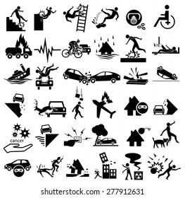 Accident Icons Set For Insurance, Falling Ladder, Slippery, Gas Explosion, Stumble, Risks, Cancer, Bites, Plane Crash, Thief, Blast, Murder, War, Wheelchair, Earthquake, Building Collapse, Splint