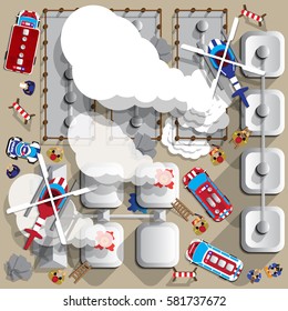 The accident in an industrial plant. View from above. Vector illustration.