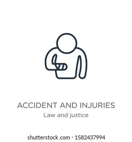 Accident and injuries icon. Thin linear accident and injuries outline icon isolated on white background from law and justice collection. Line vector sign, symbol for web and mobile