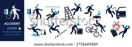 Accident and Injury Icon Set - Workplace Safety, Hazards, and Emergency Situations Icon Vector Illustration. For Commercial Use. Industrial Warning Signs.