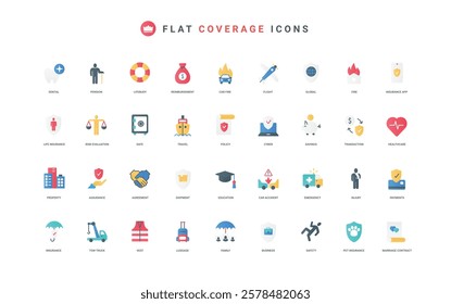 Accident and injury insurance coverage, medical care in trauma and claim indemnity color icon set. Safety for health and savings, secure transaction of money flat elements vector illustration