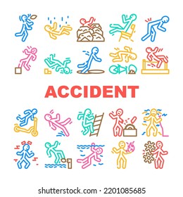 accident injury man person icons set vector. human car crash, fail safety, road danger, slip caution, work risk traffic accident injury man person color line illustrations