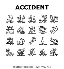 accident injury safety man risk icons set vector. danger health, people person, fall work, insurance injured, slip broken, down ladder accident injury safety man risk black contour illustrations