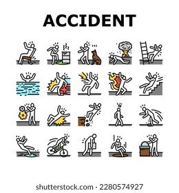 accident injury safety man risk icons set vector. danger health, people person, fall work, insurance injured, slip broken, down ladder accident injury safety man risk color line illustrations