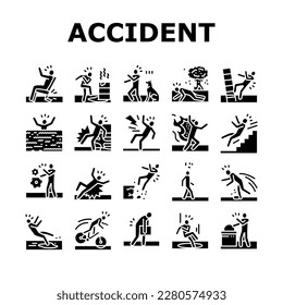 accident injury safety man risk icons set vector. danger health, people person, fall work, insurance injured, slip broken, down ladder accident injury safety man risk glyph pictogram Illustrations