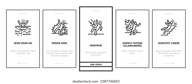 accident injury safety man risk onboarding mobile vector. danger health, people person, fall work, insurance injured, slip broken, down ladder accident injury safety man risk illustrations