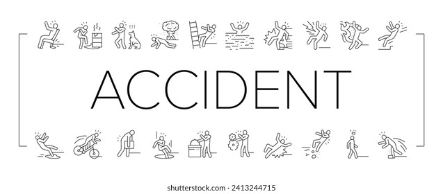 accident injury safety man risk icons set vector. danger health, people person, fall work, insurance injured, slip broken, down ladder accident injury safety man risk black line illustrations