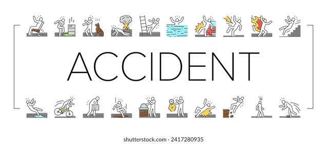 accident injury safety man risk icons set vector. danger health, people person, fall work, insurance injured, slip broken, down ladder accident injury safety man risk color line illustrations