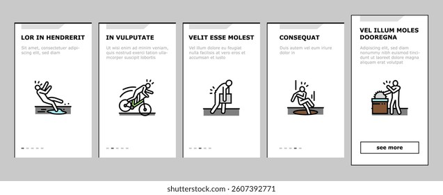 accident injury safety man risk onboarding mobile vector. danger health, people person, fall work, insurance injured, slip broken, down ladder accident injury safety man risk illustrations