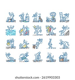 accident injury safety man risk doodle icons set vector. danger health, people person, fall work, insurance injured, slip broken, down ladder accident injury safety man risk sketch hand drawn