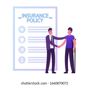 Accident Insurance Concept. Agent Shaking Hand to Client Stand on Crutches front of Policy Paper Document. Health Protection, Secure and Financial Guarantee Contract. Cartoon Flat Vector Illustration