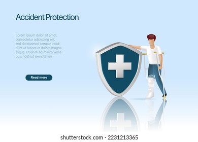 Accident insurance concept. Broken leg man with plaster cast walking with crutches holding medical shield. Rehabilitation and treatment protection service after accident. 3D realistic vector.