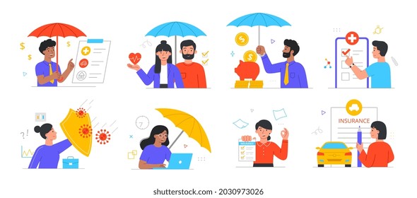 Accident insurance concept set. Male and female protect property, business, health, estate, car and risk. People with shield and umbrella. Cartoon flat vector collection isolated on white background