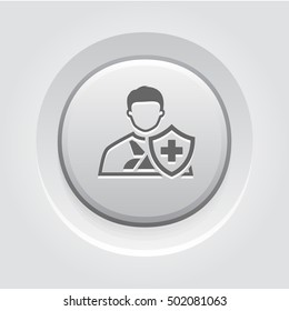 Accident Insurance Icon. Grey Button Design. Isolated Illustration. A man with a bandage on his hand and a shield with a cross in front.