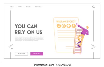 Accident Insurance and Life Protection Landing Page Template. Man Character Falling from High Ladder front of Huge Policy Paper Document. Life, Health Protection. Linear People Vector Illustration