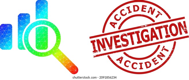 ACCIDENT INVESTIGATION corroded stamp print and low-poly spectral colored expore bar chart icon with gradient. Red seal has Accident Investigation caption inside circle and lines form.