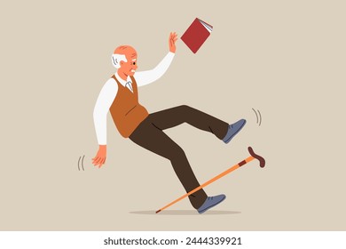 Accident involving elderly man who falls and slips on wet floor, risks injury or damage to spine. Accident with grandfather injuring book and cane when falling due to sharp pain in legs