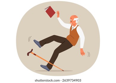 Accident involving elderly man who falls and slips on wet floor, risks injury or damage to spine. Accident with grandfather injuring book and cane when falling due to sharp pain in legs