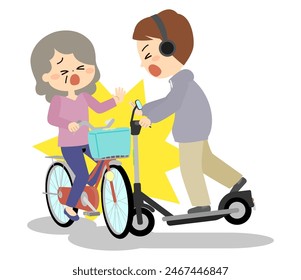 Accident involving a senior woman riding a bicycle and a man riding an electric scooter