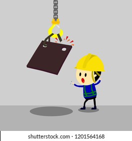 Accident from lifting chain holding heavy metal sheet,unsafe situation,safety engineering cartoon style,Vector illustration