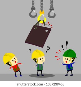 Accident from lifting chain holding heavy metal sheet above worker,unsafe situation,safety engineering cartoon style,Vector illustration